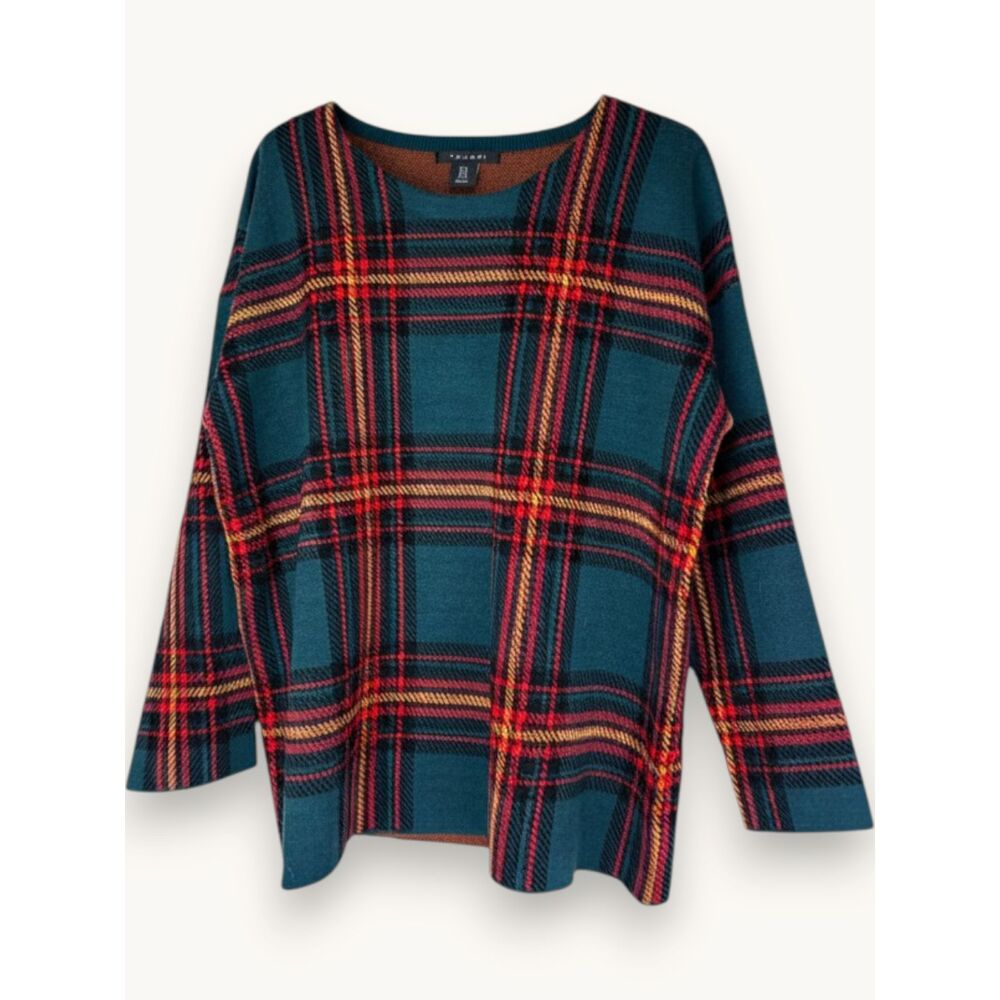 Tahari 1X Plaid Sweater Teal Red Yellow Heavy Cozy Knit Preppy